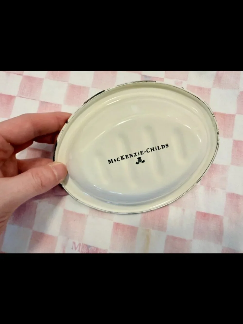 NEW - MacKenzie Childs - Black & White Courtly Check Oval Enamel Soap Dish